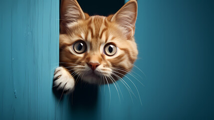 Frightened cat looking out from behind corner on blue background with copy space