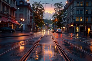 Blitz of city street with tram tracks in the evening after rain, center, lights on buildings and cars
