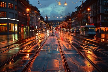 Obraz premium Blitz of city street with tram tracks in the evening after rain, center, lights on buildings and cars