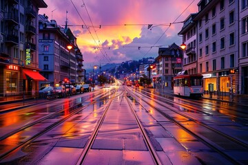Blitz of city street with tram tracks in the evening after rain, center, lights on buildings and...