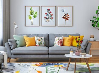 Minimalist interior of a living room with a grey sofa, colorful decorative pillows, 
