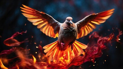 A dove in flight emerges from a large tumultuous of fiery colors, symbolizing peace and resilience in the face of chaos and upheaval