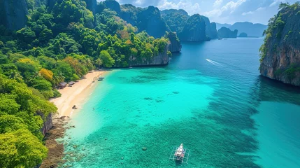 Nahtlose Fototapete Airtex Railay Strand, Krabi, Thailand Boats at the beauty beach with limestone cliff and crystal clear water in Thailand