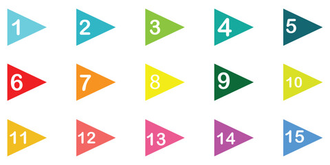 Number Bullet Point Colorful Triangles 1 to 15 Vector. Colorful baler bullets template direction shape markers next number cursor button web set flat vector elements. Vector illustration. Eps file 56.