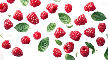 Raspberry in delicious food style, top view on transparent white background