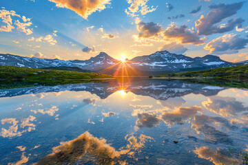 Serene sunset over a mountain range reflected in a crystal-clear lake.