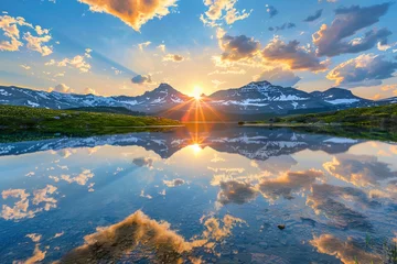 Acrylic prints Reflection Serene sunset over a mountain range reflected in a crystal-clear lake.
