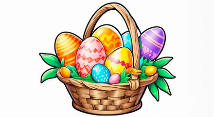 Easter eggs in a basket, sticker, illustration on isolated white background. Easter set of illustrations in doodle style for card, invitation, print, sticker, banner, poster. 3D illustration