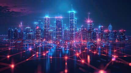 Fototapeta na wymiar Futuristic Urban Nightscape: Abstract City Lights and Towering Skyscrapers Illuminating the Dark Streetscape