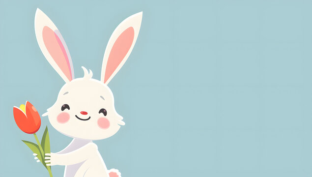 Happy Easter Background Banner with cute white bunny.