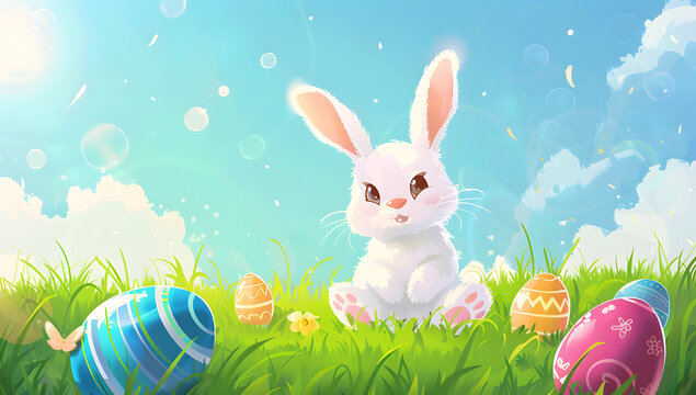 Easter bunny and eggs cute cartoon illustration with blue sky on background.