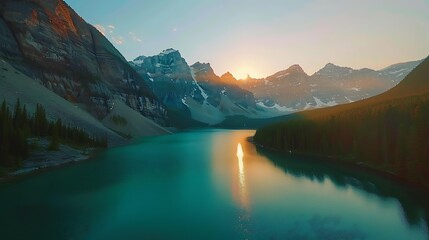The emerald waters of Moraine Lake at sunset