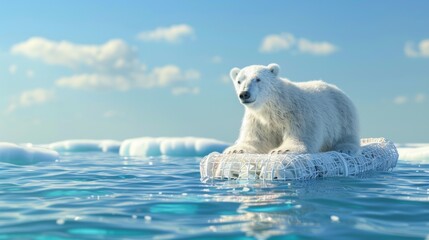 A polar bear sits atop a makeshift raft of ice and trash, highlighting the impact of pollution on arctic habitats. - obrazy, fototapety, plakaty
