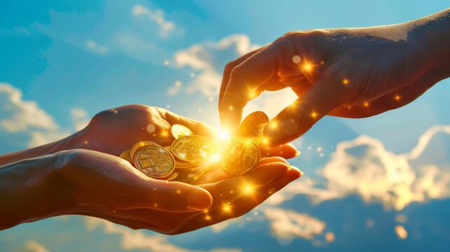 Two hands exchanging cryptocurrency coins against a backdrop of a sunny sky, symbolizing the new era of digital finance.