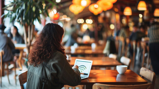 A person using a public Wi-Fi network in a crowded café, unaware of the potential risks to their personal data High detailed,high resolution,realistic and high quality photo professional photography