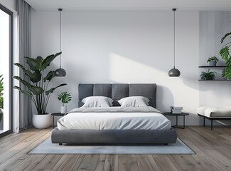 Modern bedroom interior with a gray bed, white walls and a wooden floor