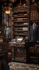 Upscale men's boutique with tailored suits, leather goods, and a vintage cash register, super realistic