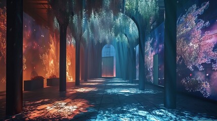 Mystical corridor with colorful galaxy projections on walls, creating a dreamy cosmic atmosphere. - obrazy, fototapety, plakaty