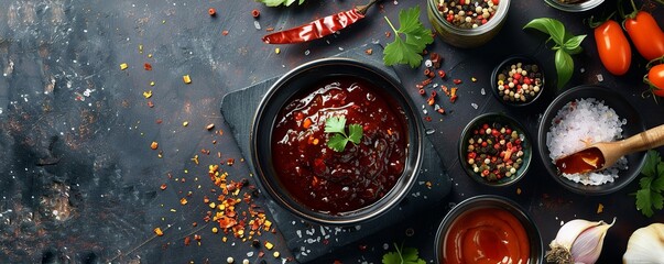 top view shot of a dipping sauce product photography, set in a modern kitchencounter with surrounded ingredients - obrazy, fototapety, plakaty