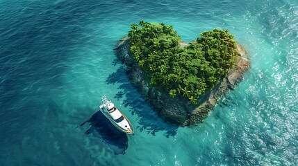 yacht heading to heart shaped island seen from the air concept for romantic vacation