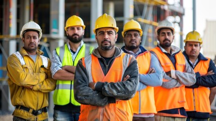 construction workers wearing confident safety equipment stood with their arms crossed. teamwork