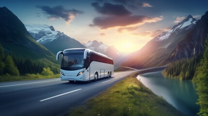 White Modern comfortable tourist bus driving through highway at bright sunny sunset. Travel and coach tourism concept. Trip and journey by vehicle
