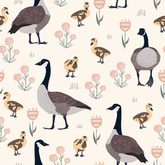 Seamless pattern with doodle meadow flowers and cute Canada geese. Cute floral nursery print. Vector illustration