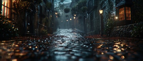 Rain-soaked cobblestone street at night, glowing lanterns, and a hint of mystery, hyper-realistic - obrazy, fototapety, plakaty