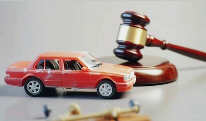 Toy car and judge gavel on clean light background and more empty copy space.  Minimalism. Purchase and sale of the car. The trial Recognition of ownership