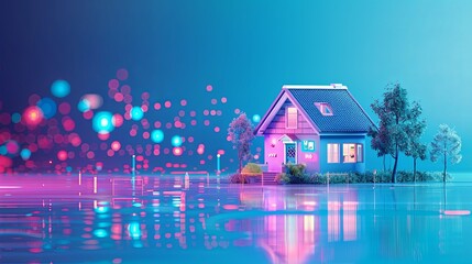3D illustration of smart home system with house and icons, blue background