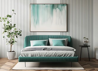 Modern bedroom with a turquoise bed, white walls and a wooden floor