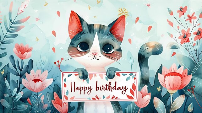 Happy birthday postcard. Watercolor hand painting with stylized beautiful cute cat holding sign with inscription Happy birthday