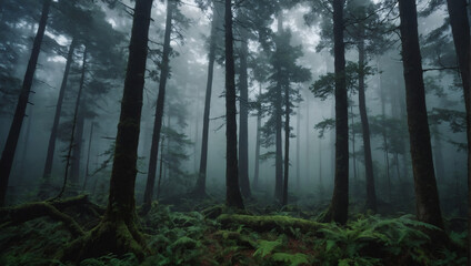 A dense forest shrouded in mist, where ancient trees loom mysteriously.