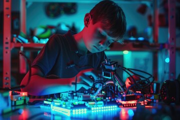 Fototapeta na wymiar Boy builds LED robot for school robotics club project.