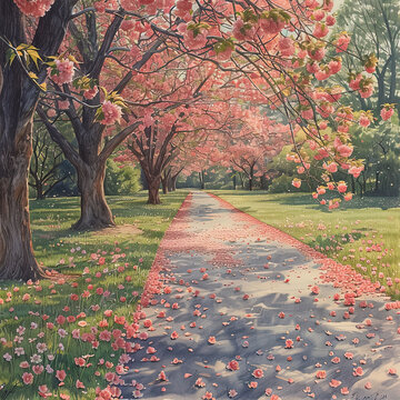 painting of a path with pink flowers and trees in the background