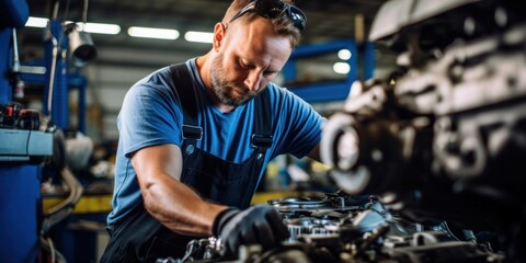 Auto mechanic works with broken engine in mechanic or auto repair shop.