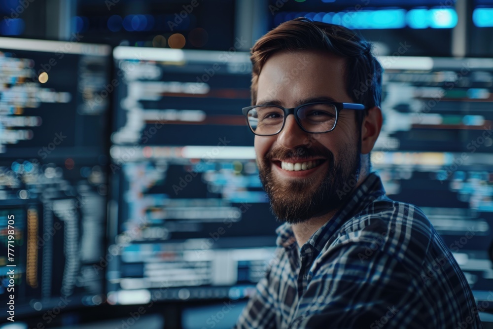 Poster ready to detect. cheerful professional it man smiling and coding while being involved in work