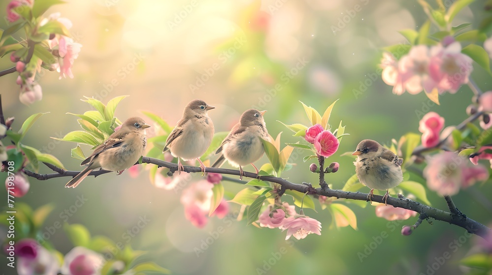 Poster Sparrows perched on a blooming branch in spring, symbolizing renewal. Serene nature scene, perfect for peaceful content and designs. Capture tranquility and beauty in nature. AI