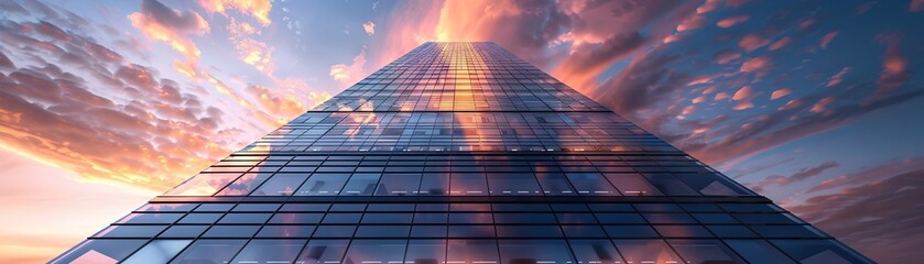 Conceptual 3D skyscraper with glass facade reflecting the changing sky, 3D render - obrazy, fototapety, plakaty