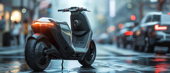 Concept art of an electric urban scooter with a sleek frame and intuitive controls, close-up