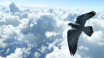 Swift peregrine falcon diving through the clouds.