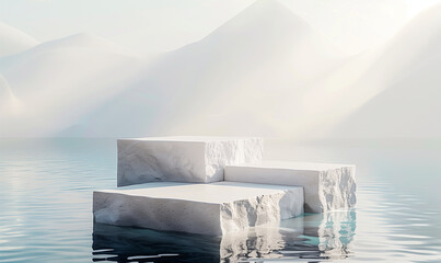 Cosmetic stone textured pedestal on the water surface  - obrazy, fototapety, plakaty