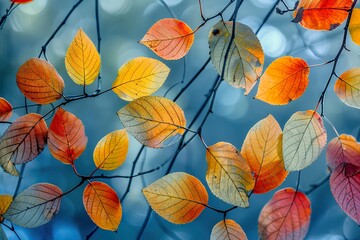 Fototapeta na wymiar Autumn transparent leaves over blue background