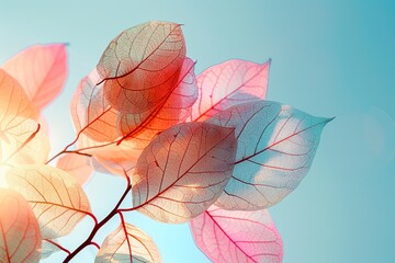 Autumn transparent leaves over blue background