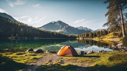 Camping beside a secluded mountain lake - obrazy, fototapety, plakaty