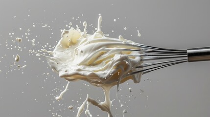 Close shot of whisk with cream on clean gray backdrop with a big space for text or product, Generative AI. - obrazy, fototapety, plakaty