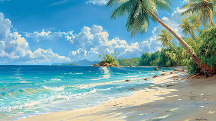 Tranquil beach with powdery white sand, crystal-clear waters, and swaying palm trees.
