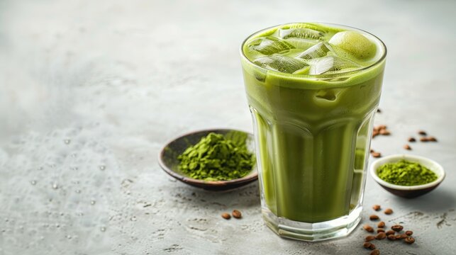 A glass of green tea with a spoon of green powder in it. Concept of relaxation and health consciousness