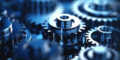 Engine silver gears wheels rotating animation. Blue Background.