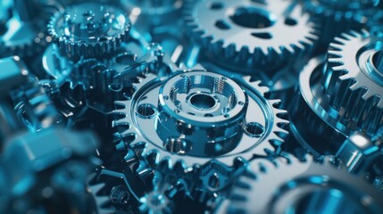 Engine silver gears wheels rotating animation. Blue Background.